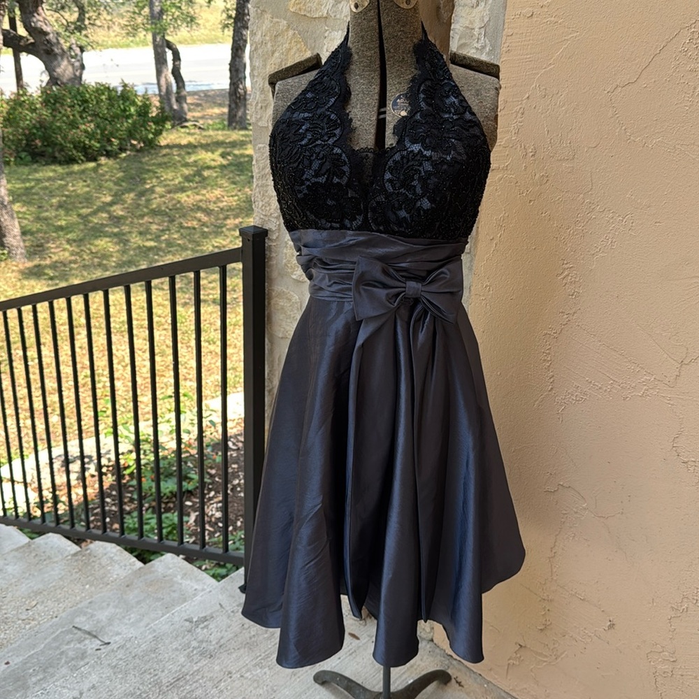 JS Boutique ~ Blue & Black Beaded Halter Evening Dress Size 4 Stained